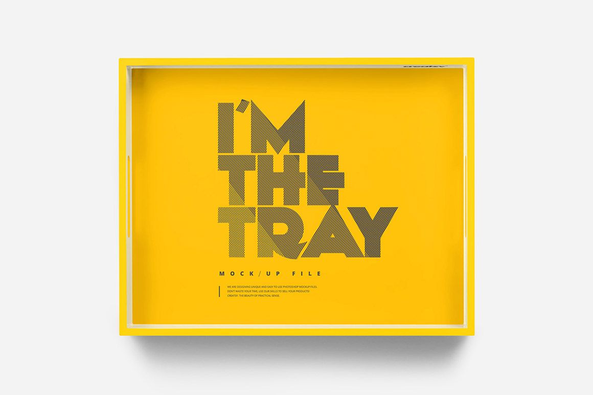 Top view of a rectangular tray mockup featuring a vibrant yellow color and prominent gray lettering.