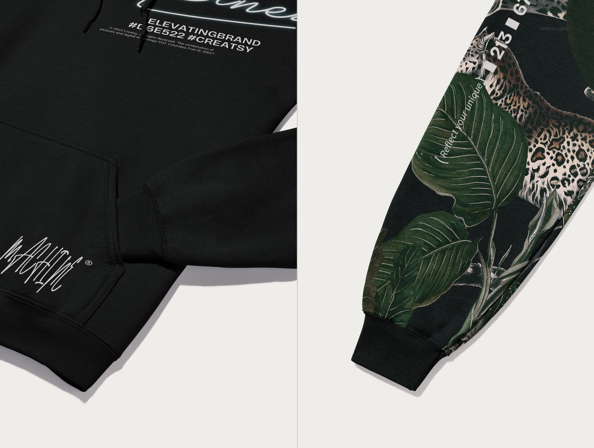 Black hoodie mockup with white text on the chest and sleeve, shown in a close-up split view with patterned sleeve detail.