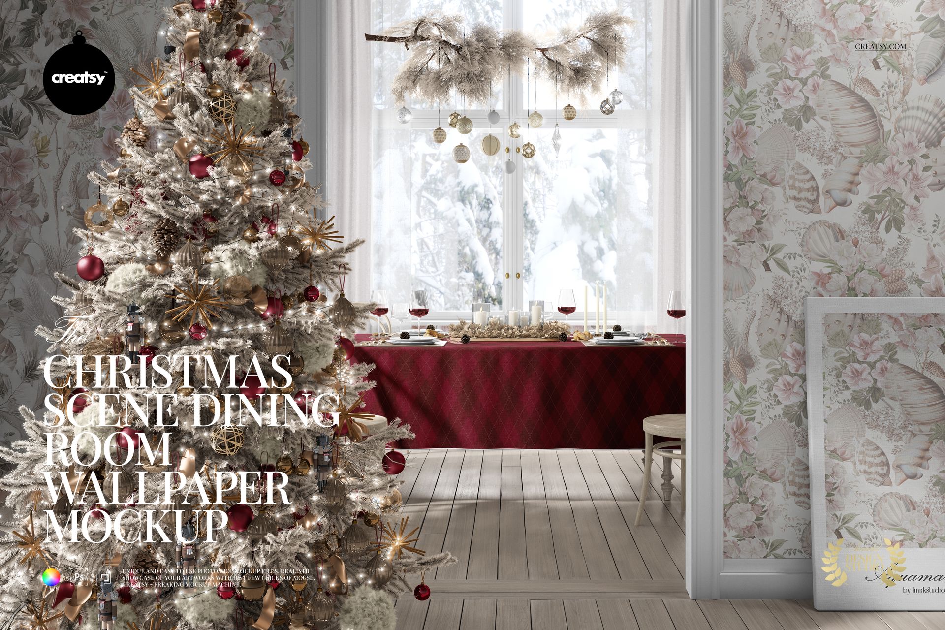 Front view of a festive dining room with a decorated Christmas tree and floral patterned wallpaper mockup.