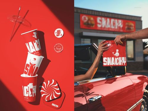 Fast food branding mockup featuring red paper cups, coasters, and a takeout bag with bold white lettering on a red background.