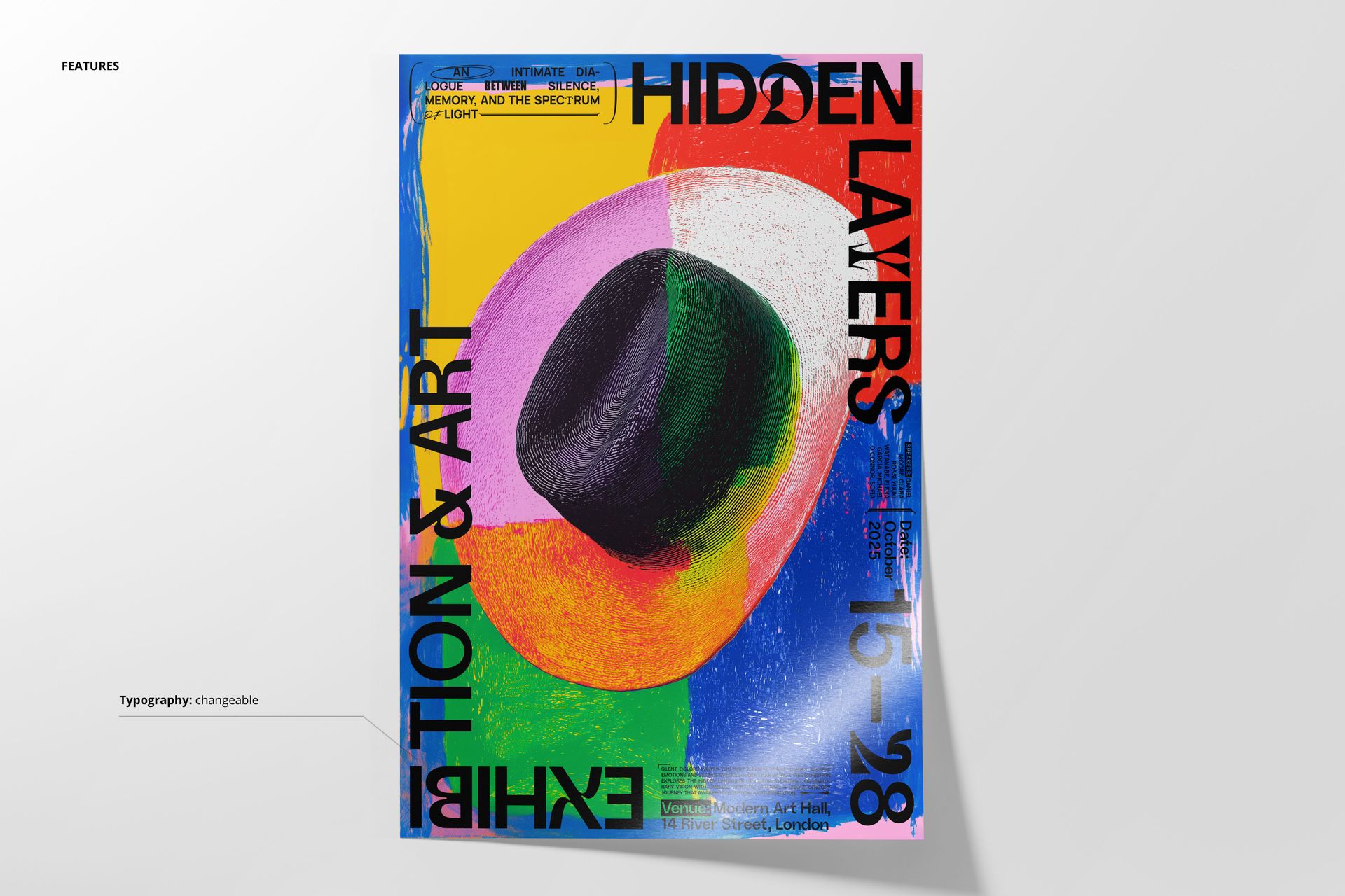 Geometric hat art poster mockup with overlapping shapes and vivid colors, displayed against a light surface.