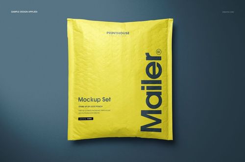 Front-facing yellow padded mailer mockup with printed text, set against a plain blue backdrop.