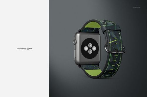 Close-up of Apple Watch leather band mockup with green and black geometric design, displayed at an angle.