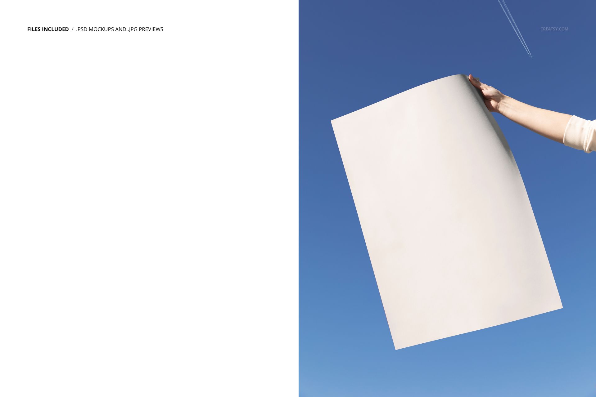 Blank poster mockup held by a person in front of a bright blue sky, showing a clean and simple composition.