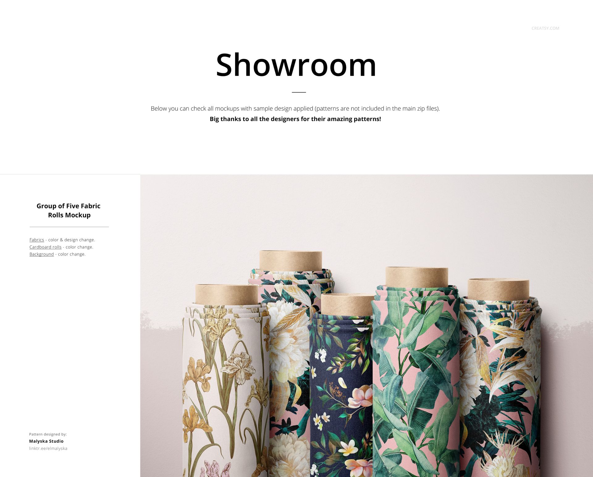 Front view of five upright fabric rolls with floral and botanical patterns in various pastel and dark colors on a plain background.
