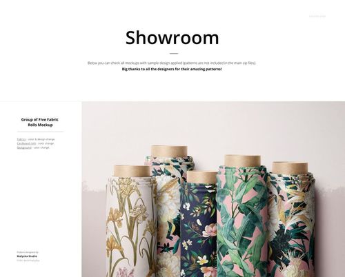 Front view of five upright fabric rolls with floral and botanical patterns in various pastel and dark colors on a plain background.