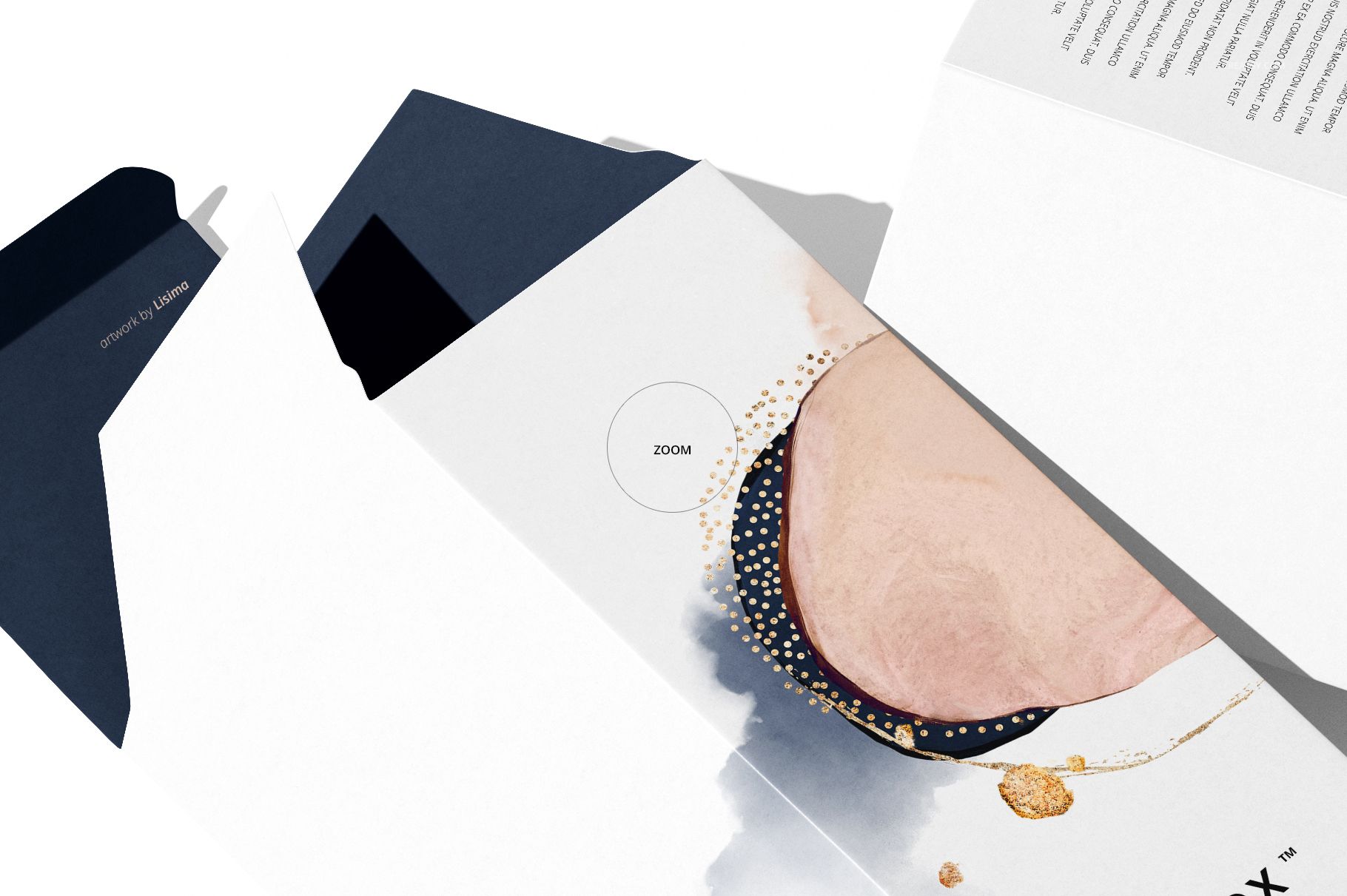 PSD mockup of a tall packaging box, shown with open lid and artistic abstract design, top-down perspective.