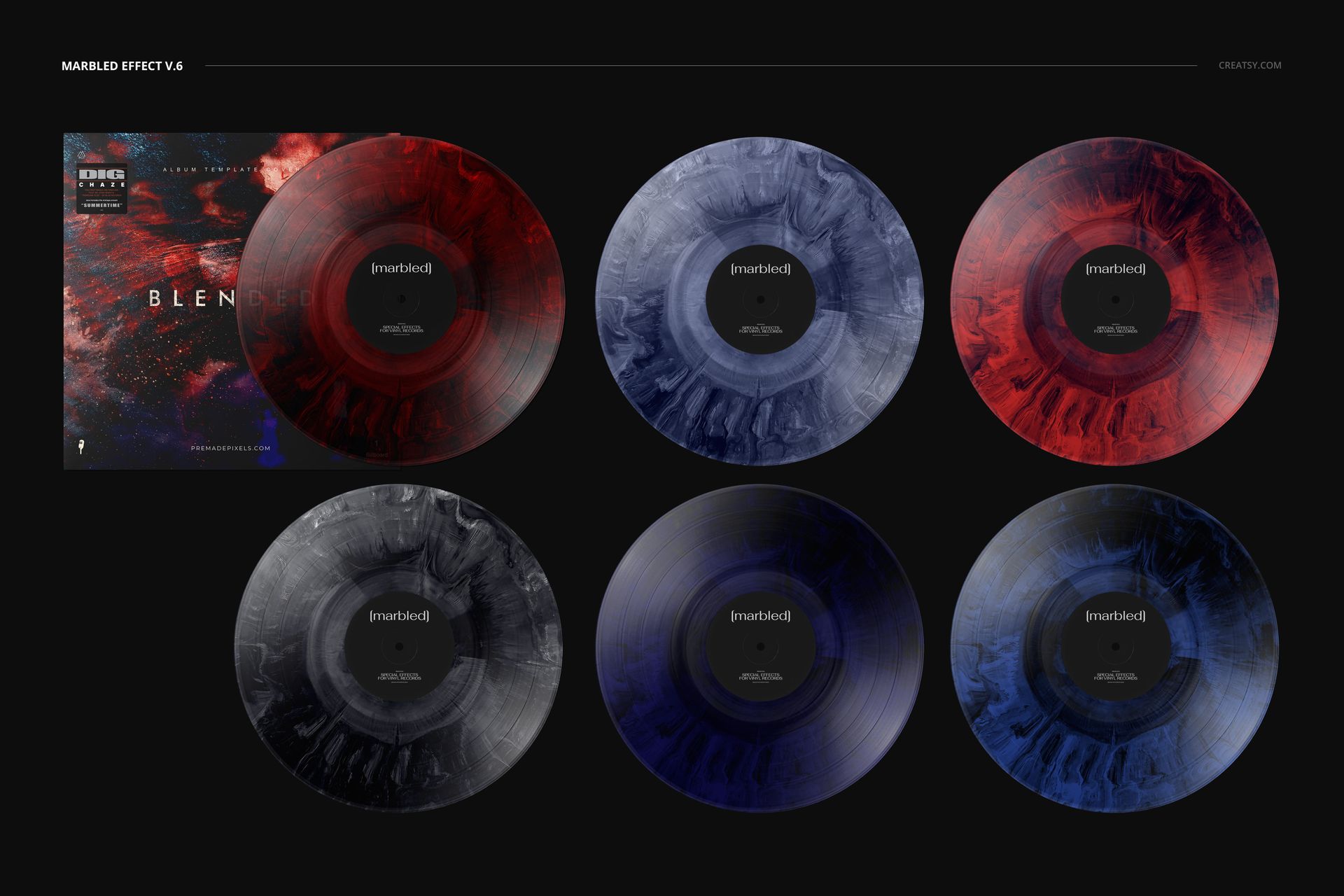 PSD mockup set featuring six vinyl records with swirling color effects and a matching cover, arranged in two rows.