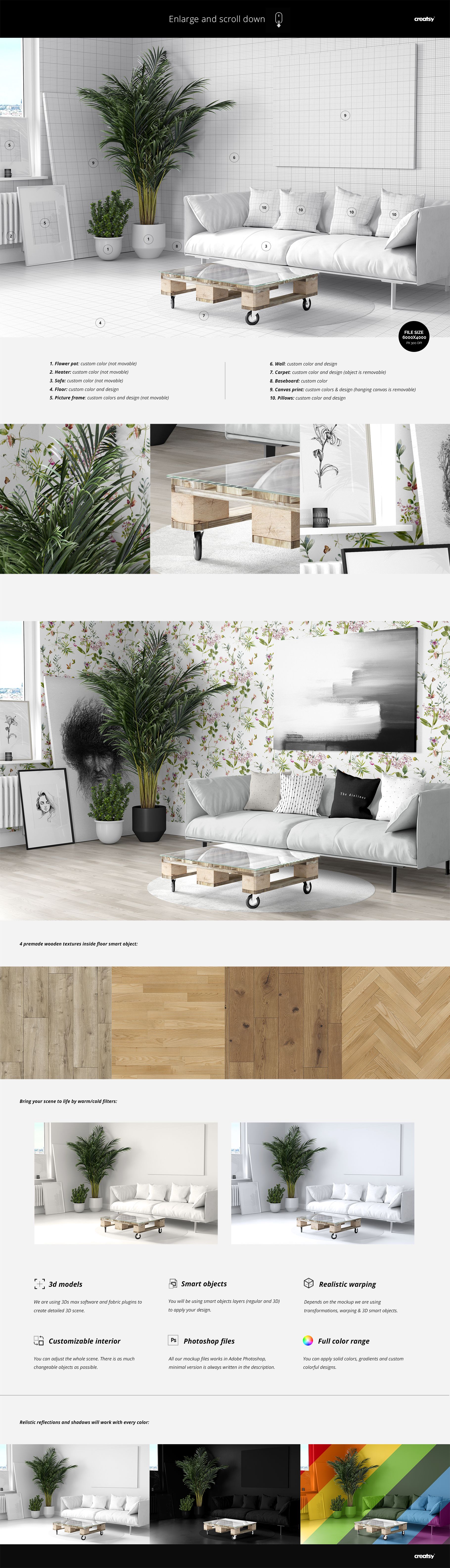 Modern living room scene with a white sofa, wooden coffee table, potted plants, and light wall decor in a home décor mockup.