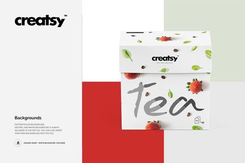 Front view of a rectangular tea box mockup with strawberry and leaf graphics on a white background, set against color blocks.