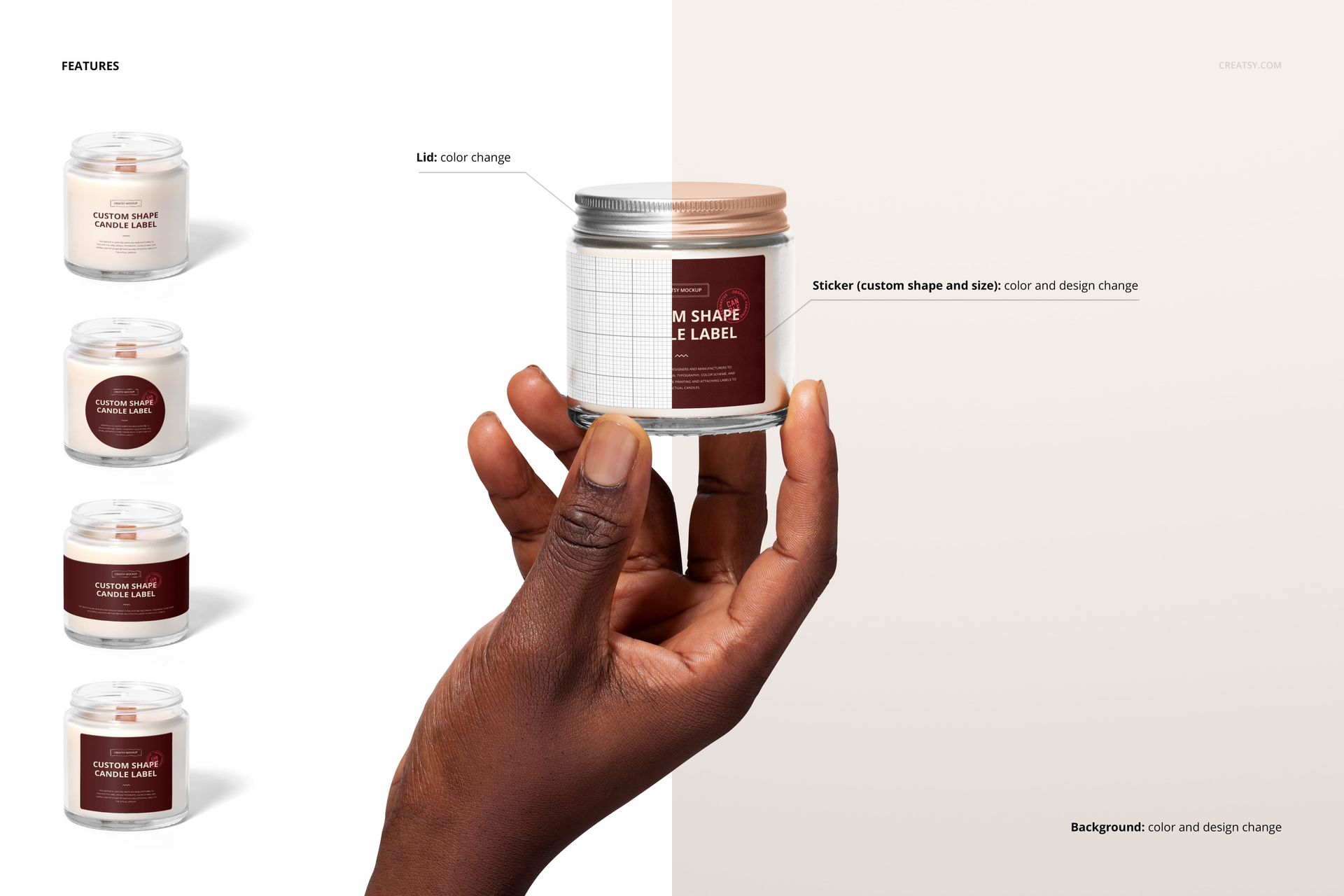 Hand holding a clear jar candle with a metallic lid and custom label, highlighting label and lid details for mockup.