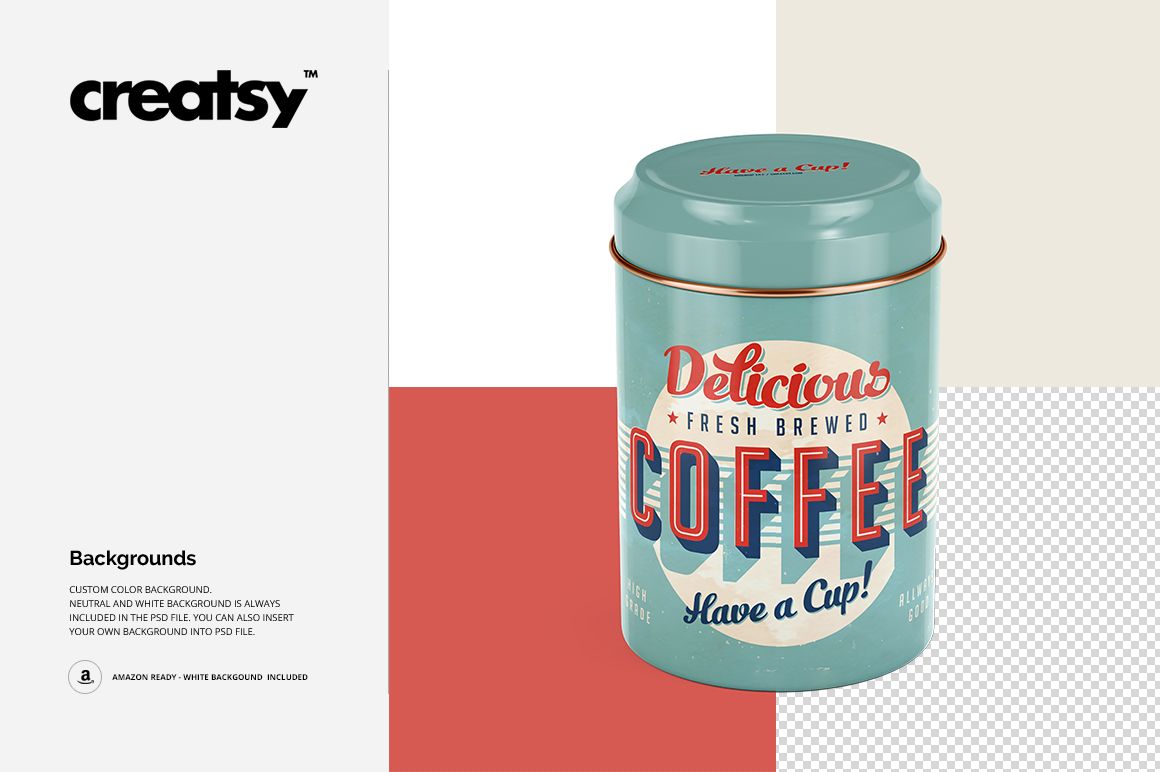 Cylindrical metal canister mockup featuring a vintage coffee label, shown against a geometric color block background.