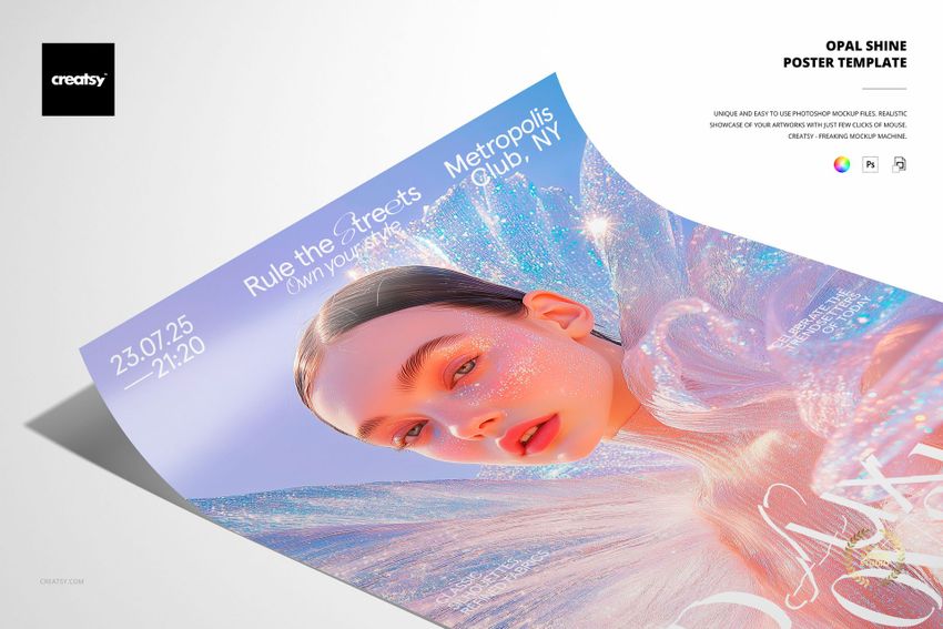 Curved poster mockup with iridescent background and white text, shown from a front angle on a plain backdrop.