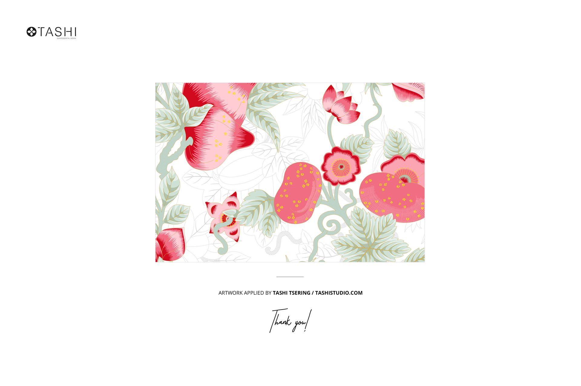 PSD mockup showing a stack of patterned jersey fabrics with red flowers, green leaves, and a branding tag in the scene.