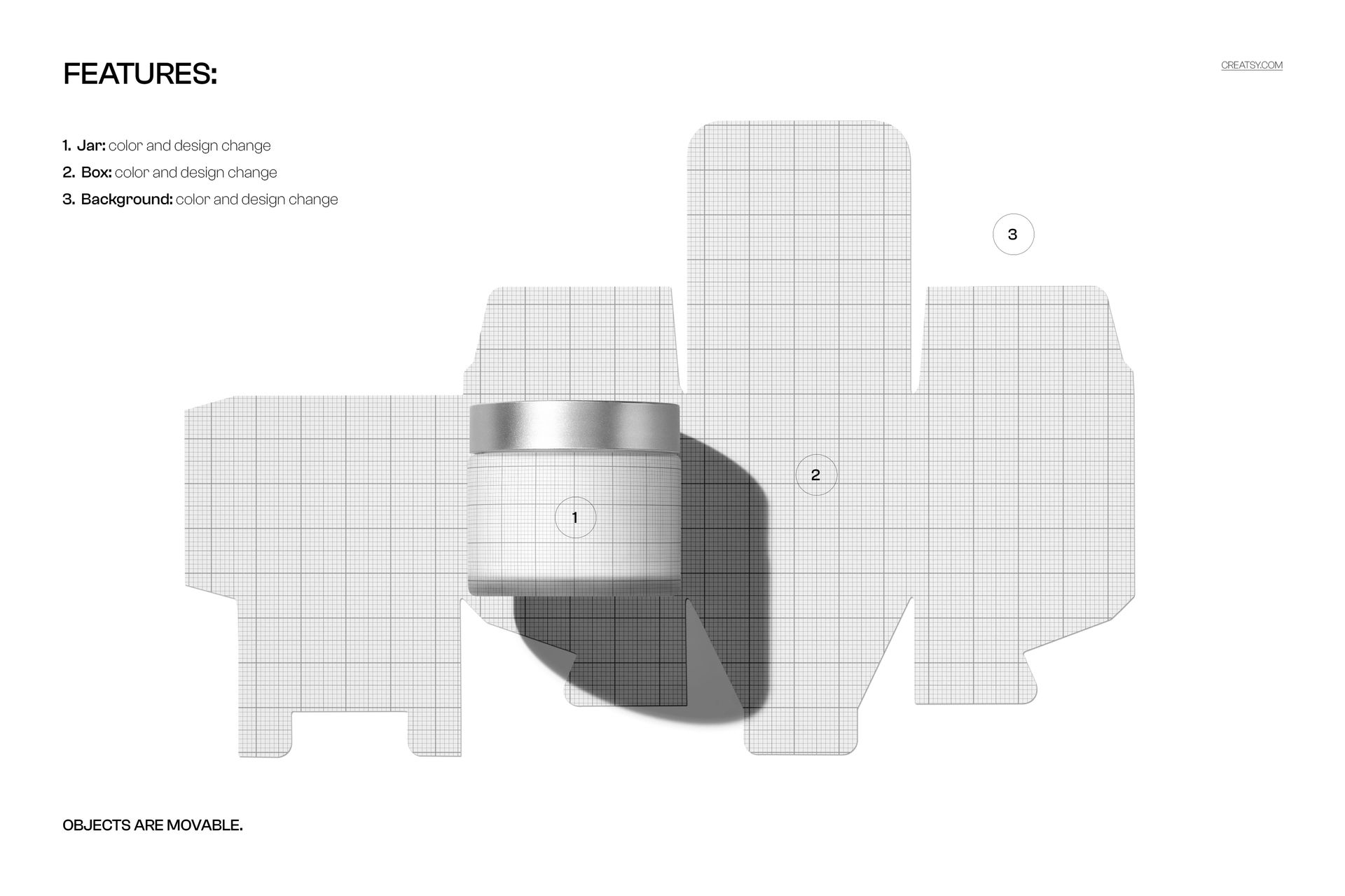 Cream glass jar and unfolded box mockup shown from a top view, both objects placed on a grid background.