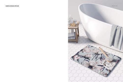 Floral-patterned plush bath rug mockup placed on white hexagonal tile floor next to a modern bathtub and wooden stool.