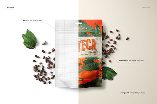Front view of a doypack bag pouch mockup with editable design, surrounded by coffee beans and green leaves on a split background.