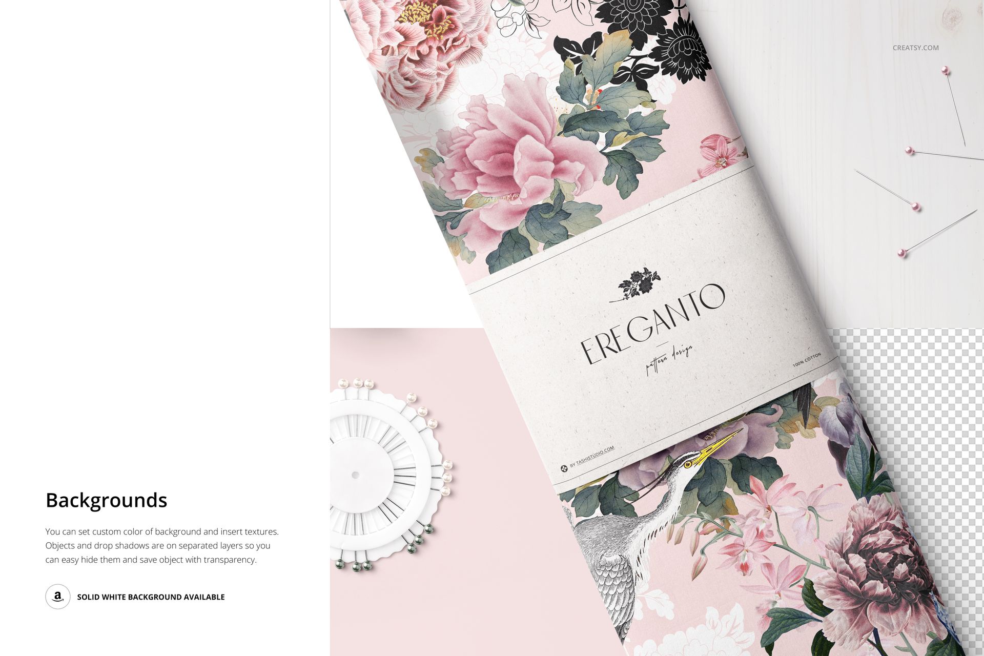 Fabric bolt mockup with a floral pattern in pink and gray tones, shown from a top view on a light background.