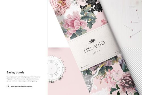 Fabric bolt mockup with a floral pattern in pink and gray tones, shown from a top view on a light background.