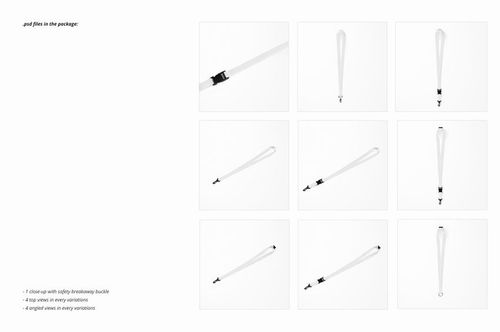 Polyester lanyards PSD mockup set with different views, highlighting metal clips and black plastic buckles against white.