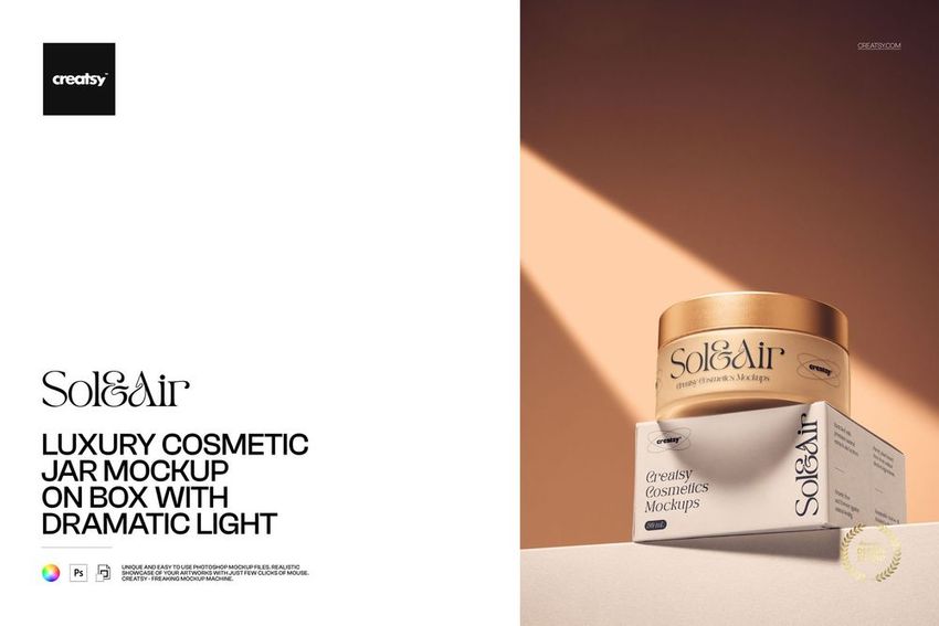 Photorealistic PSD mockup of a skincare jar placed on a box, with elegant lighting and minimalist background.