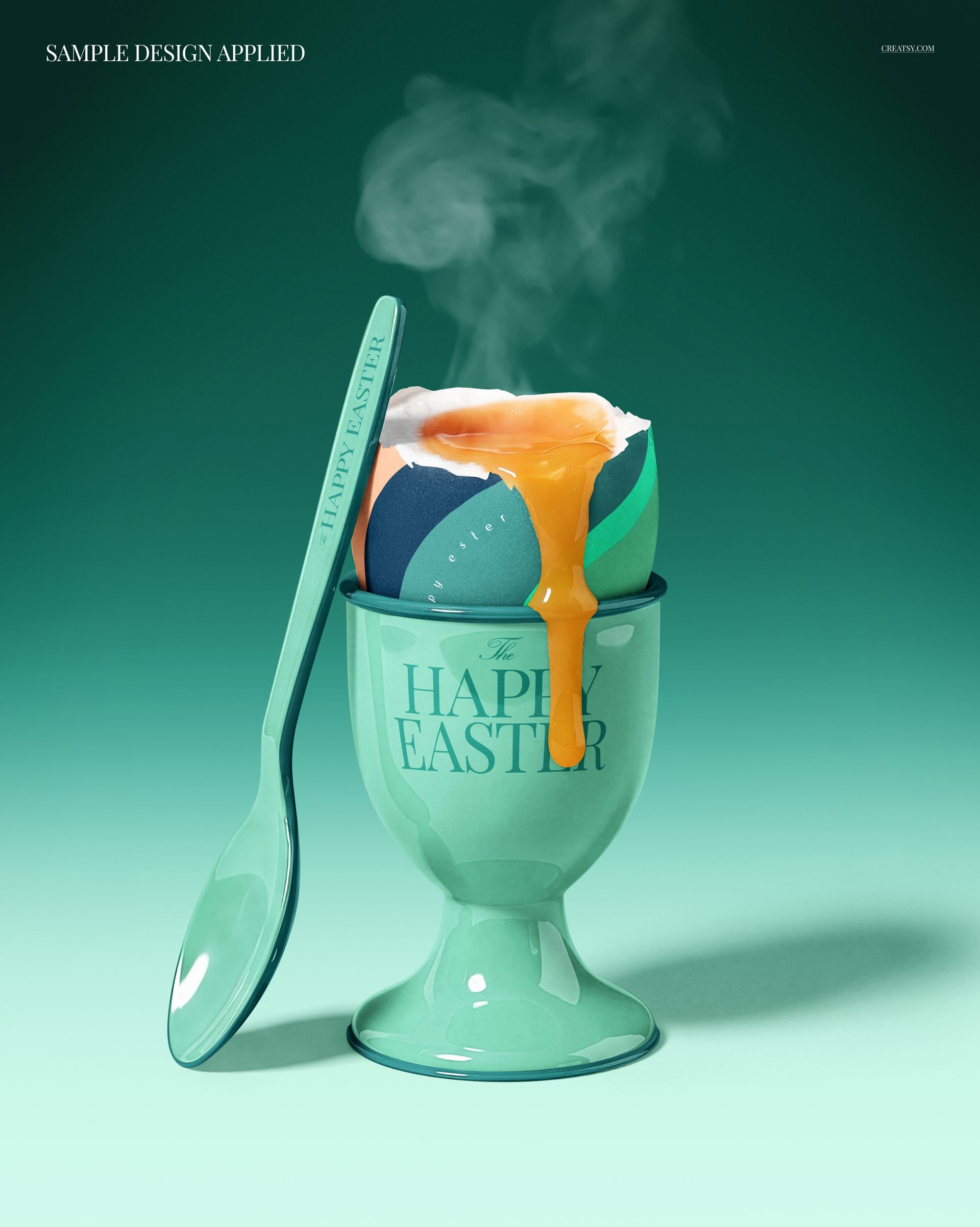 Opened Easter egg mockup with colorful shell, creamy filling, and spoon on a matching holder, front view.