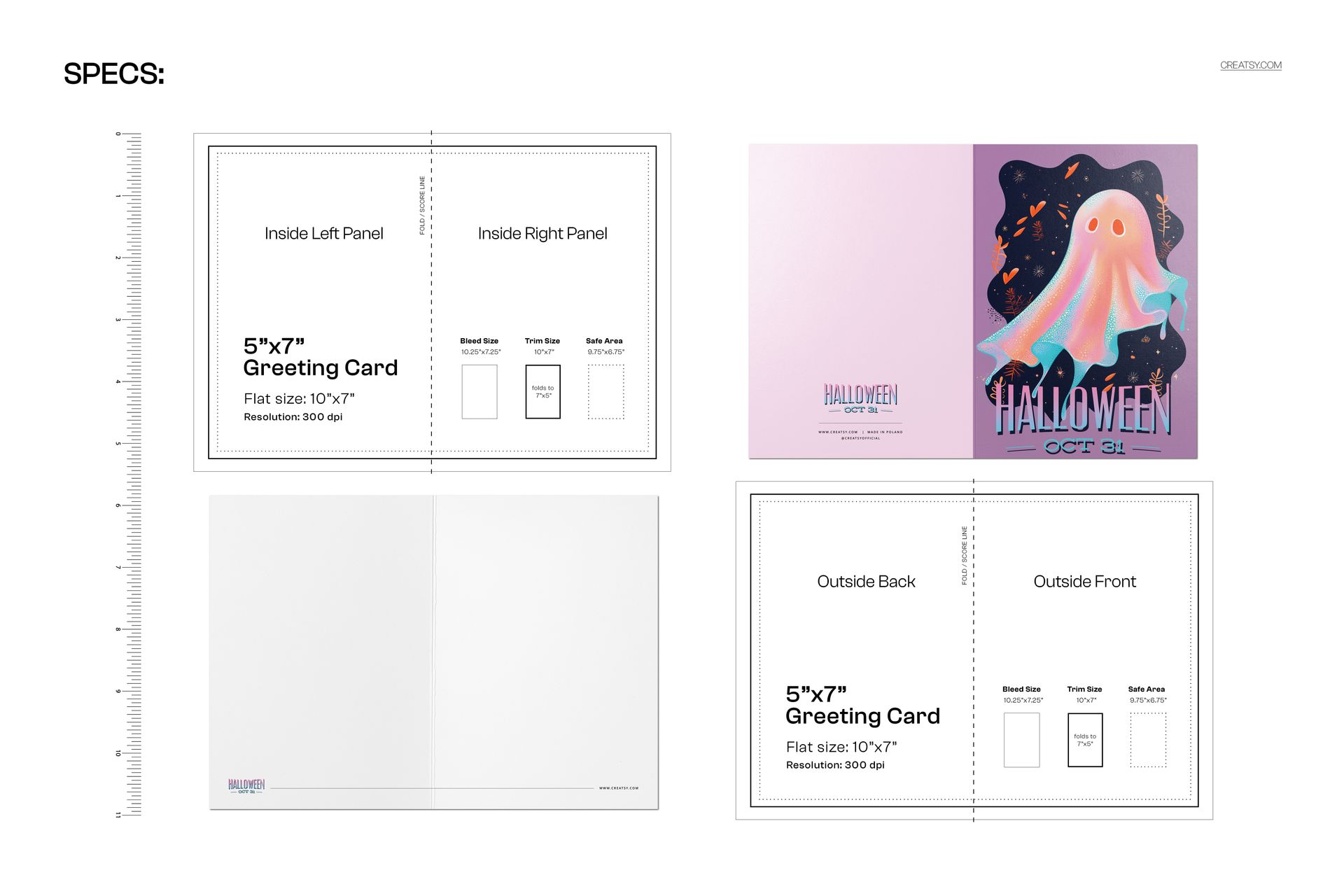 Front and back view of a 5x7 greeting card mockup with a pastel ghost illustration and Halloween text on the cover.