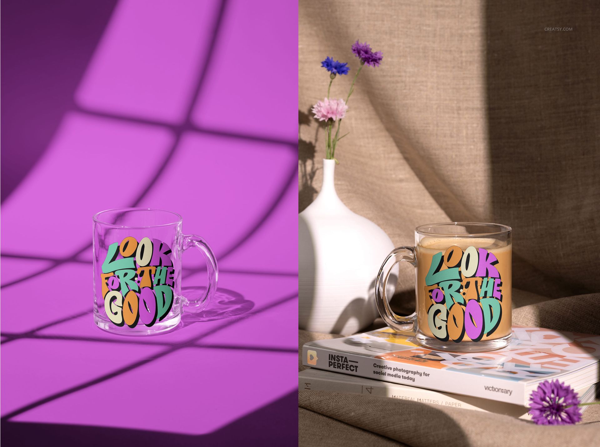 Glass mug mockup with multicolored lettering, displayed on a book stack beside purple flowers and soft fabric background.