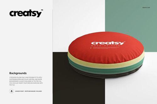 Round cotton pillow mockup set featuring two stacked pillows in red, yellow, and green on a split color background.