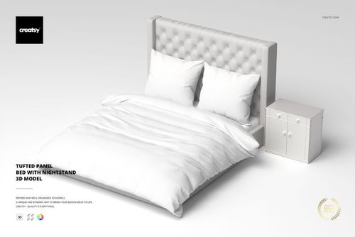 Front view of a tufted panel bed with white bedding and pillows, placed next to a simple white nightstand on a plain background.