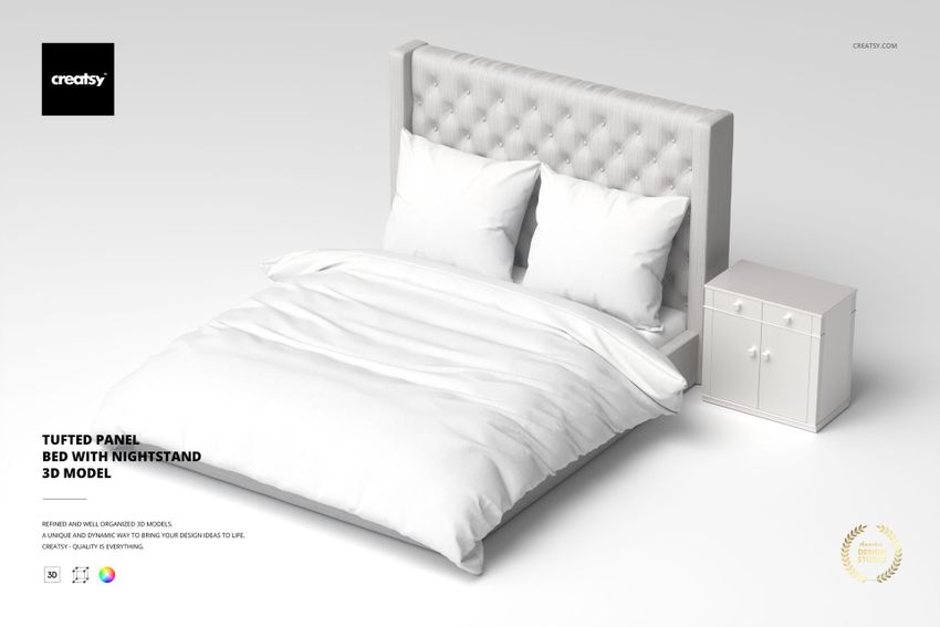 Tufted Panel Bed with Nightstand 3D Model - mockup screenshot 1