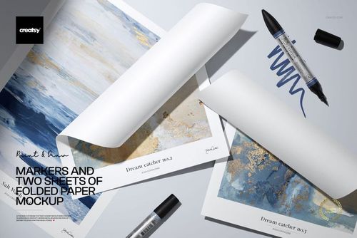 Markers and Two Sheets of Folded Paper Mockup - mockup preview 1