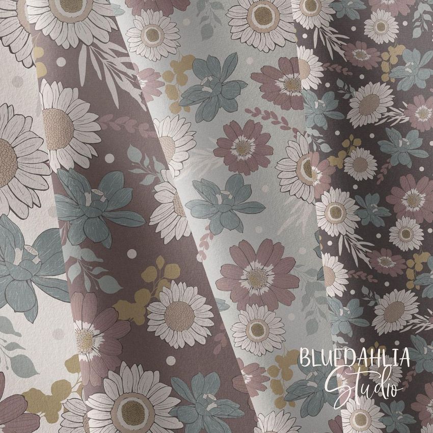 Folded fabrics mockup showing four panels with floral patterns in muted brown, teal, and white tones on a soft background.
