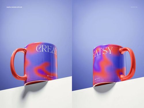 Colorful mug mockup featuring a red handle and vibrant purple-pink design, shown on a white block with a blue backdrop.