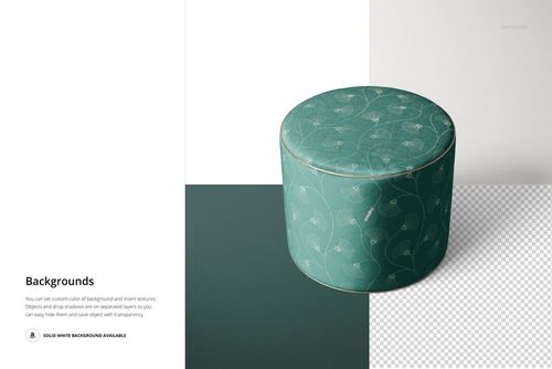 Green velvet pouf featuring a subtle leaf design, displayed in a PSD mockup with customizable background options.