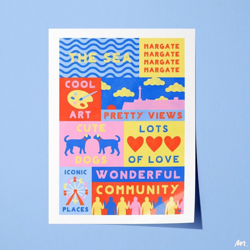 Poster mockup featuring a colorful print with bold text, graphic shapes, and illustrations on a light blue background.