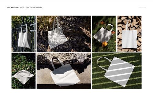 White tote bag PSD mockups presented in different outdoor environments like fences, stones, and grassy areas.