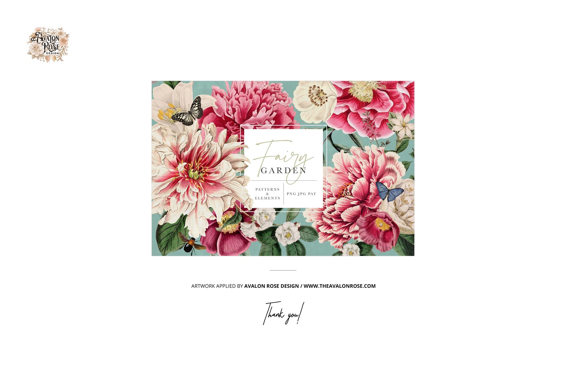 Cottage style bedding mockup featuring large pink and white floral patterns with butterflies on a green background, front view.