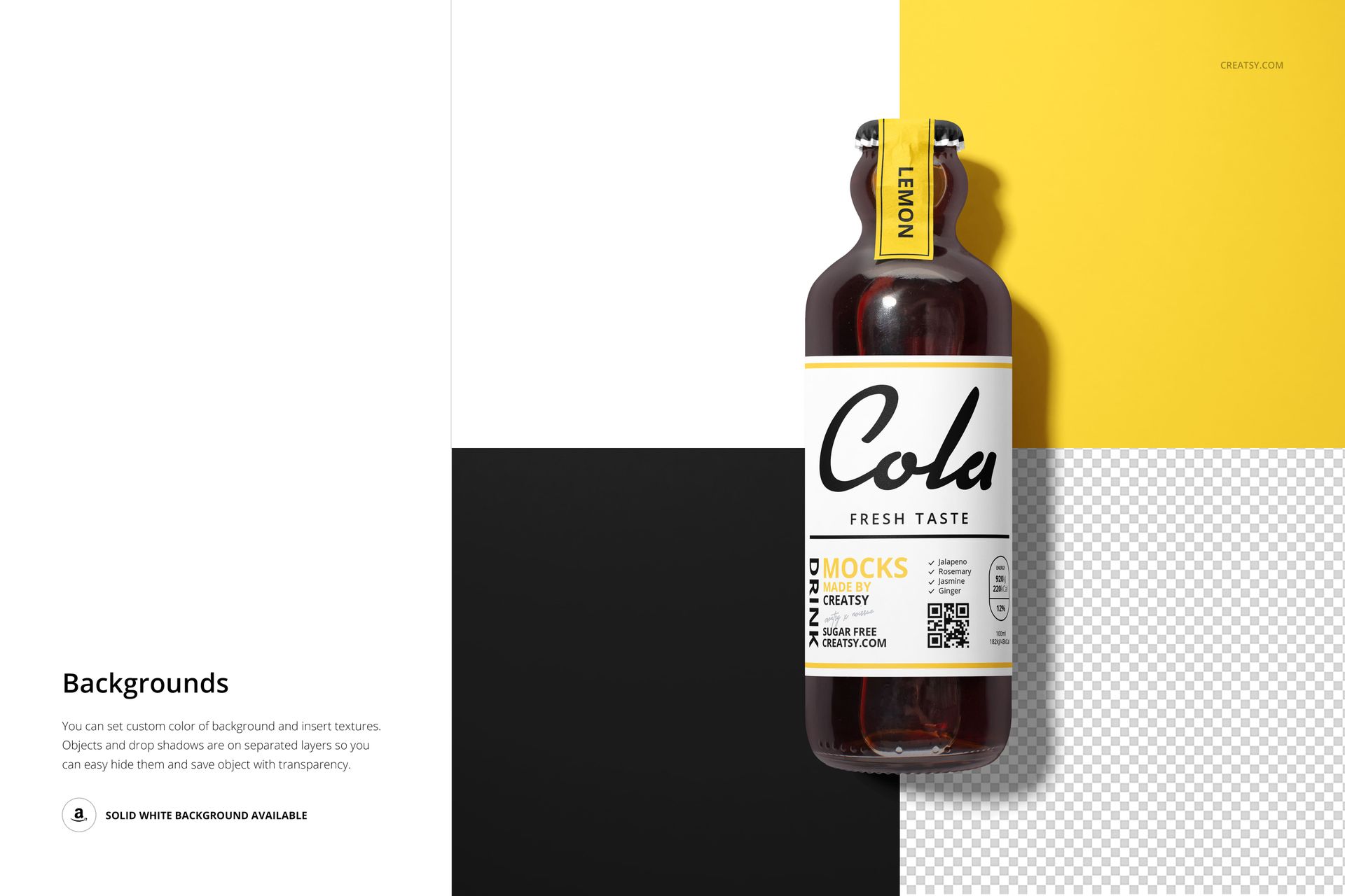 PSD mockup of a classic cola glass bottle with a yellow lid, displayed on a split-color background with grid texture.