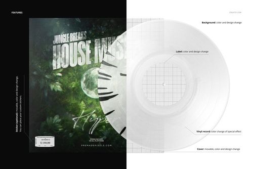 Front view of a split vinyl record and cover mockup featuring a transparent record with black splatter effect and a jungle-themed cover.