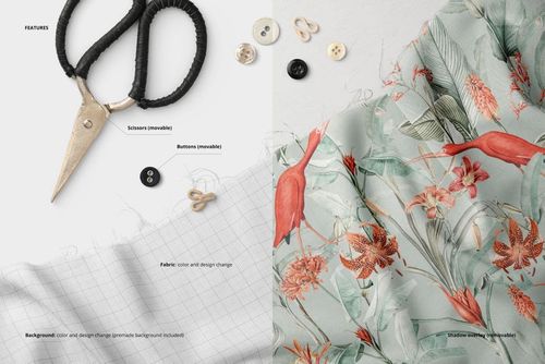 PSD mockup showing wrinkled fabric with red birds and flowers, surrounded by sewing items like scissors and buttons.