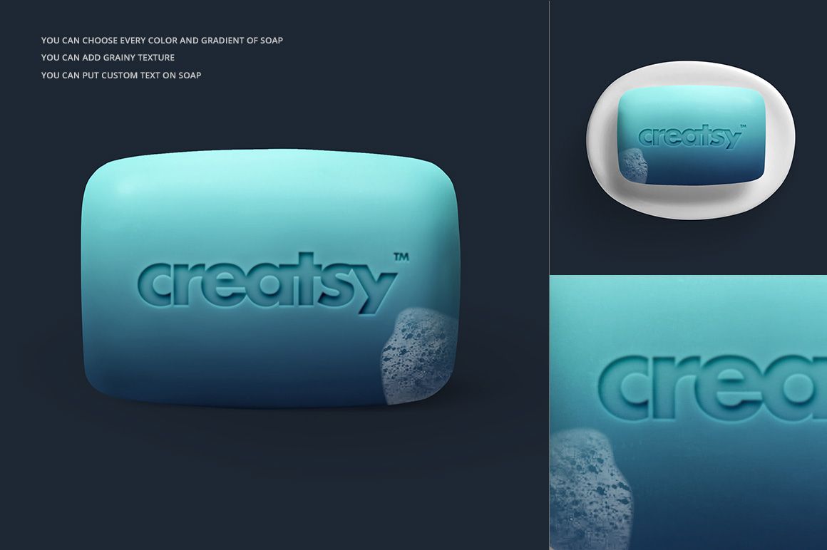 Soap mockup featuring a blue gradient bar with custom text, foam accent, and both top and front perspectives displayed.