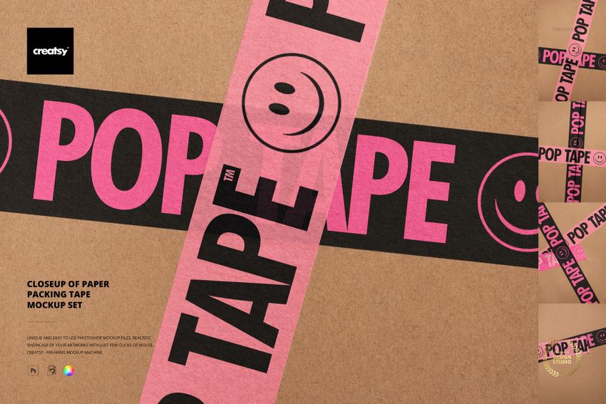 Front view of paper packaging tape mockup featuring pink and black text and smiley face design on brown background.