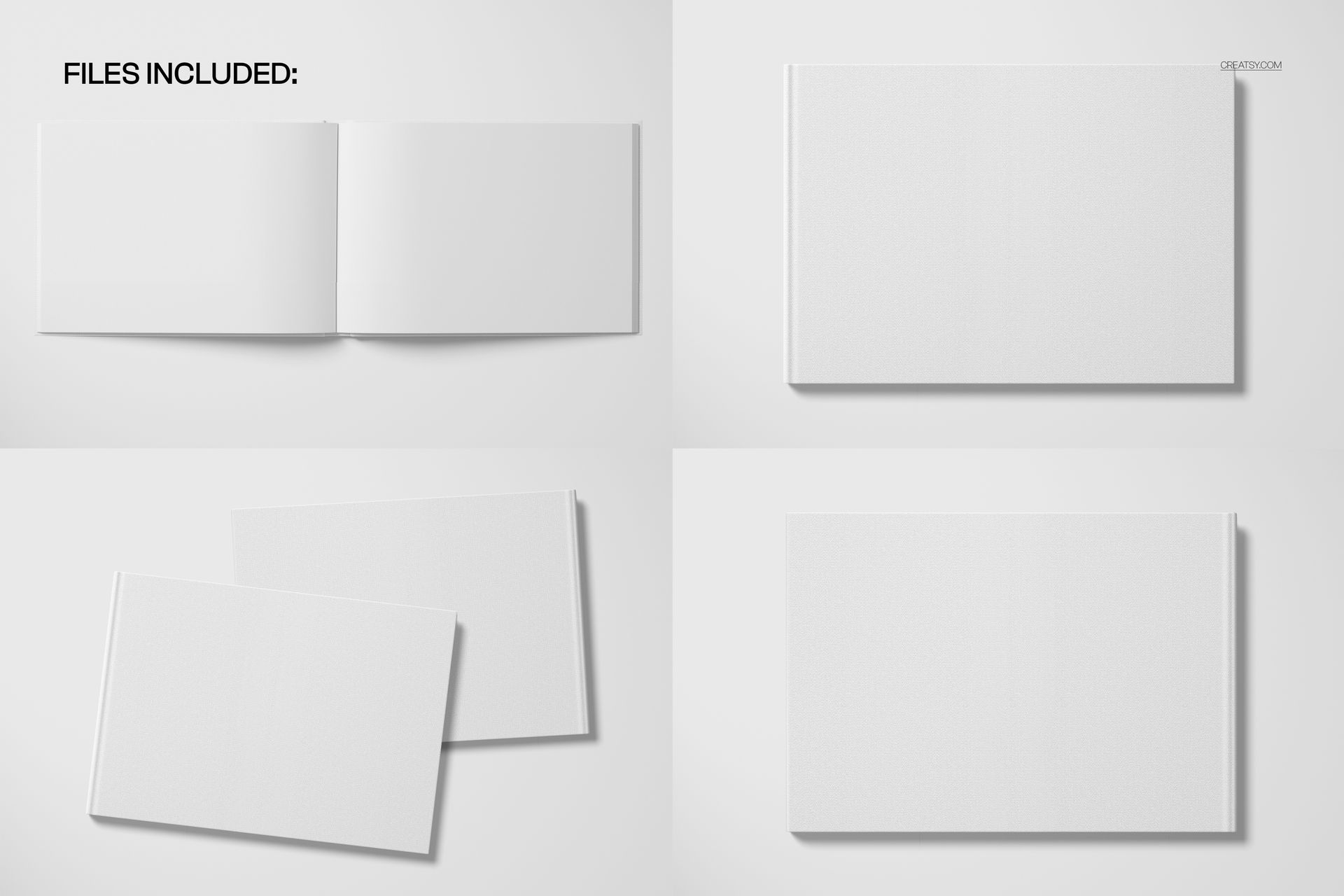 A4 landscape book mockup set showing blank white books from top and front views on a clean white background.