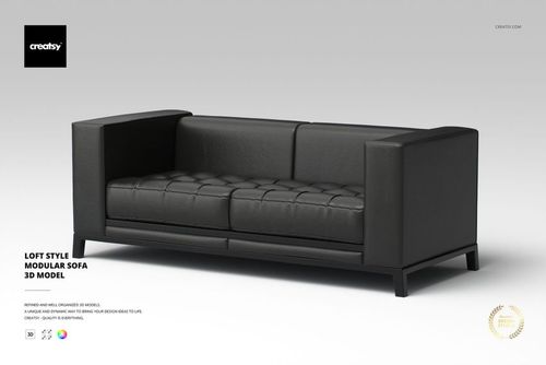 Front view of a loft style modular sofa in dark gray upholstery with tufted seat cushions and boxy armrests on a light background.