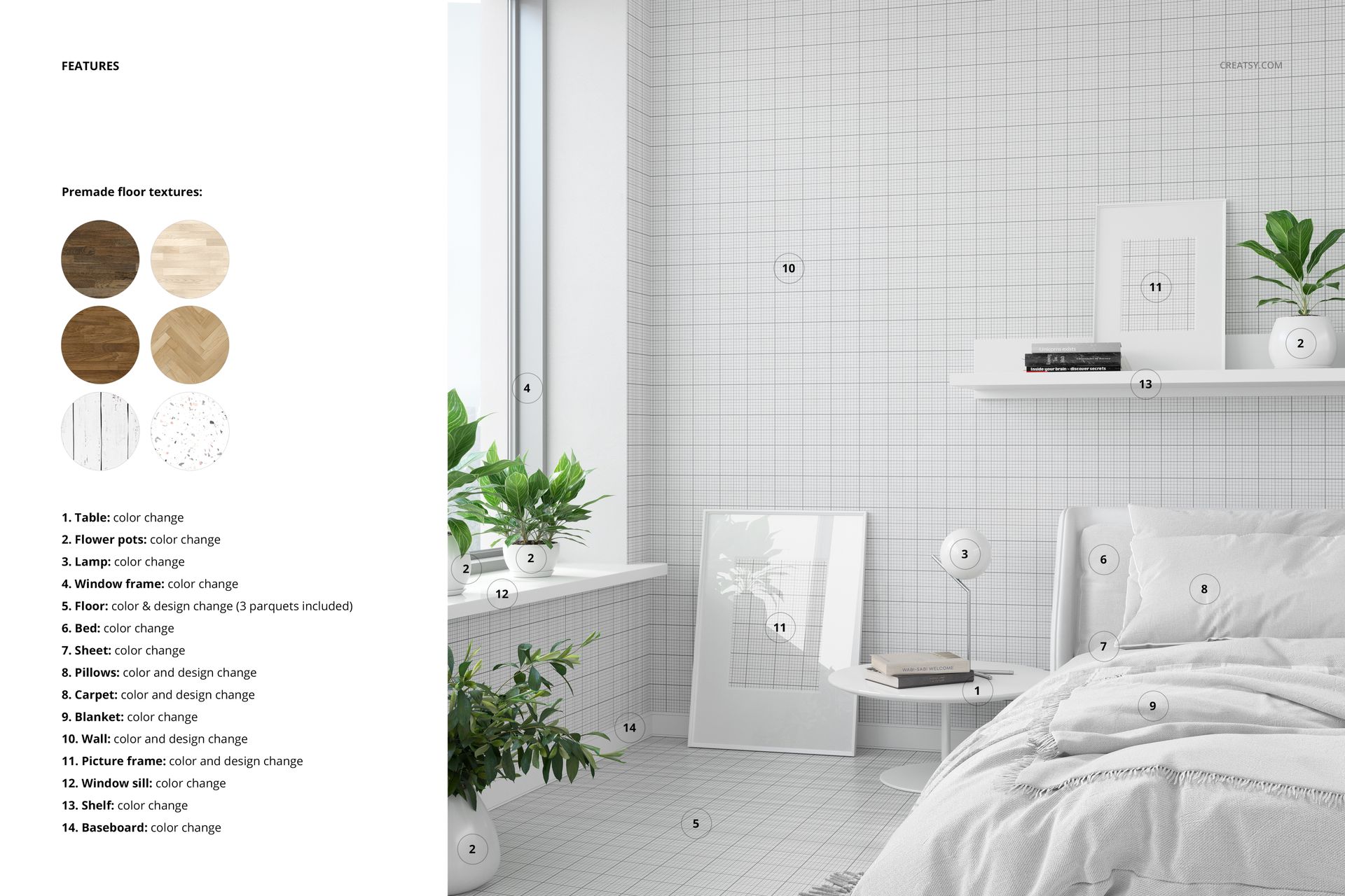 Bedroom wallpaper wall decal mockup showing a modern room with light grid-patterned walls, bed, plants, and decor.