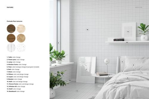 Bedroom wallpaper wall decal mockup showing a modern room with light grid-patterned walls, bed, plants, and decor.