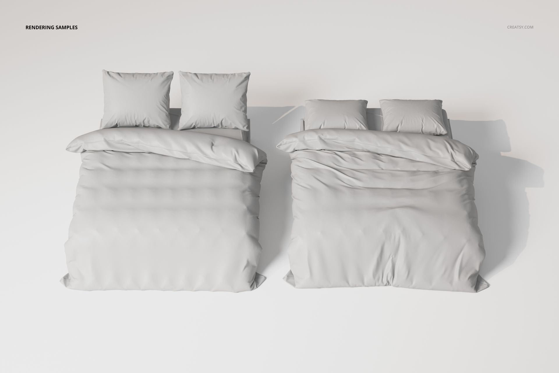 Double bed bedding sets in light gray, shown from a top view with two pillows on each bed against a plain background.