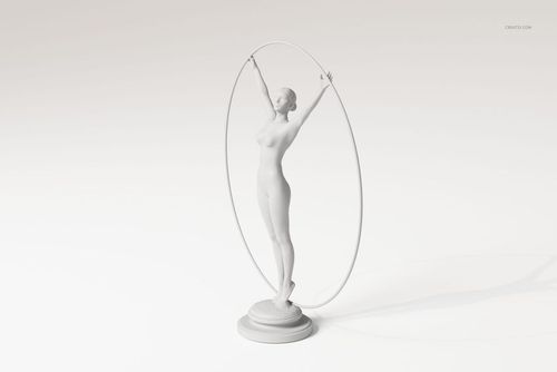 Front view of a classical woman sculpture in white, standing on a round base with arms raised inside a circular frame.