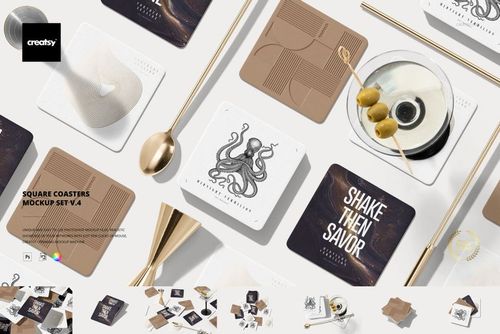 Square coasters mockup set displayed from a top view, featuring various geometric and illustrated designs in neutral tones.